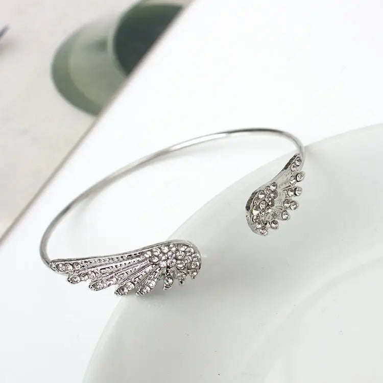 Wholesale Angel Wings Bracelet Adjustable Women Silver Cuff Feather Jewelry Gift Open Bracelet Silver Crystal Pulseira Feminina