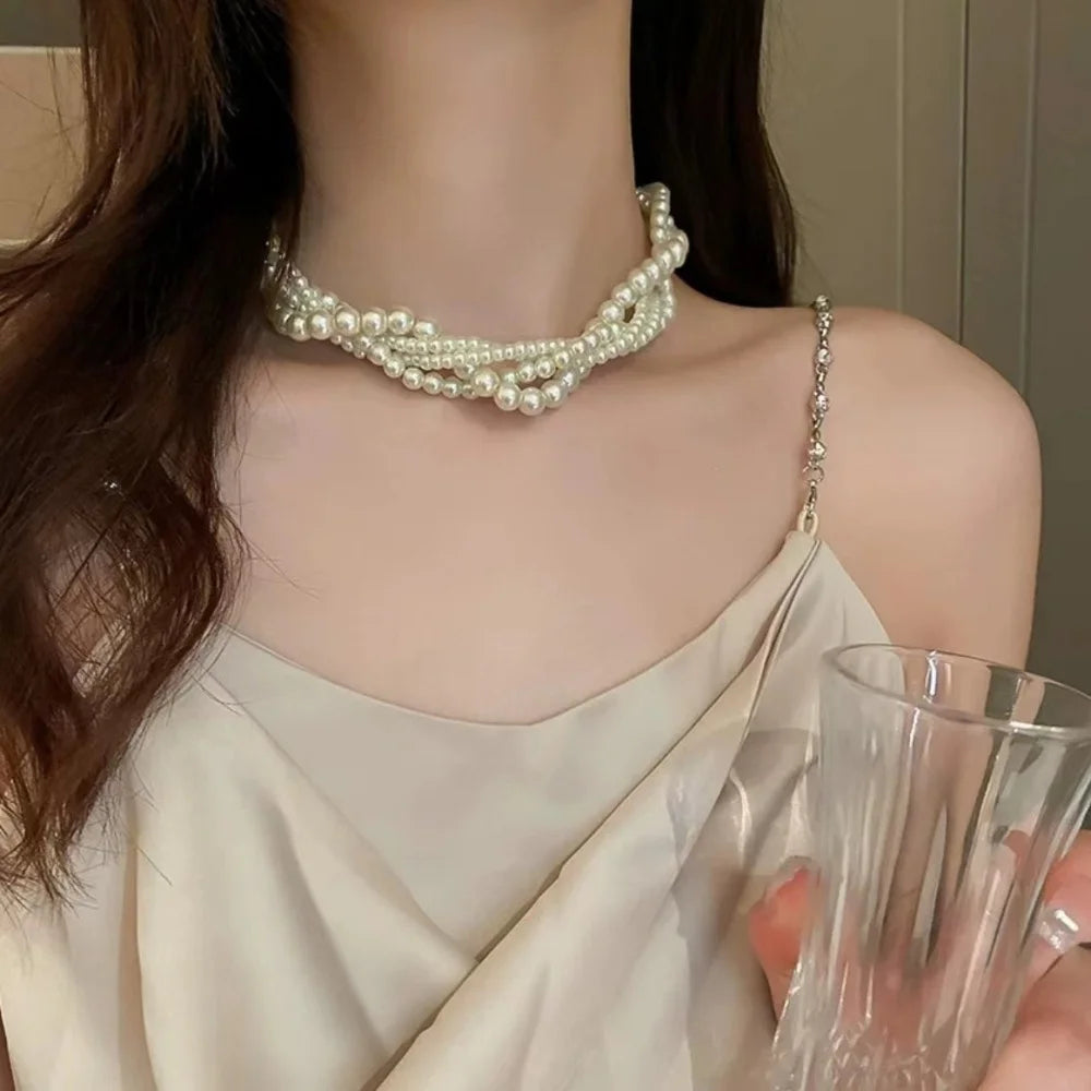 Collarbone Necklace Multilayer Multilayer Pearl Necklace French Necklace Vintage-Inspired For Fashion Accessory Wedding Bride