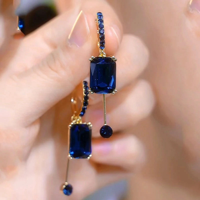 New Fashion Square Blue Crystal Pendant Earrings for Women Elegant Light Luxurious Temperament Girls Party Trend Jewelry Gifts