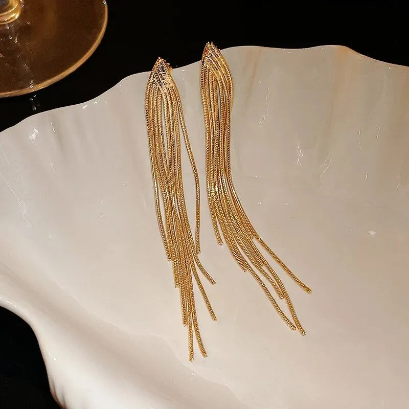 Gold Color Exquisite V-shaped Dangle Earrings Women Fashion Light Luxury Long Chain Fringe Earrings Daily Party Accessories K-