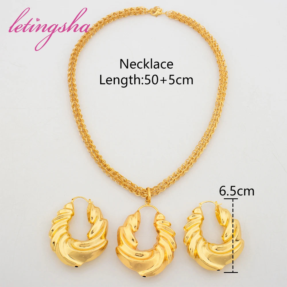 Luxury Gold Color Earrings Ins TK Hot Sale Long Necklace Chain Set Dubai African Fashion Jewelry Wedding Party Anniversary Gift