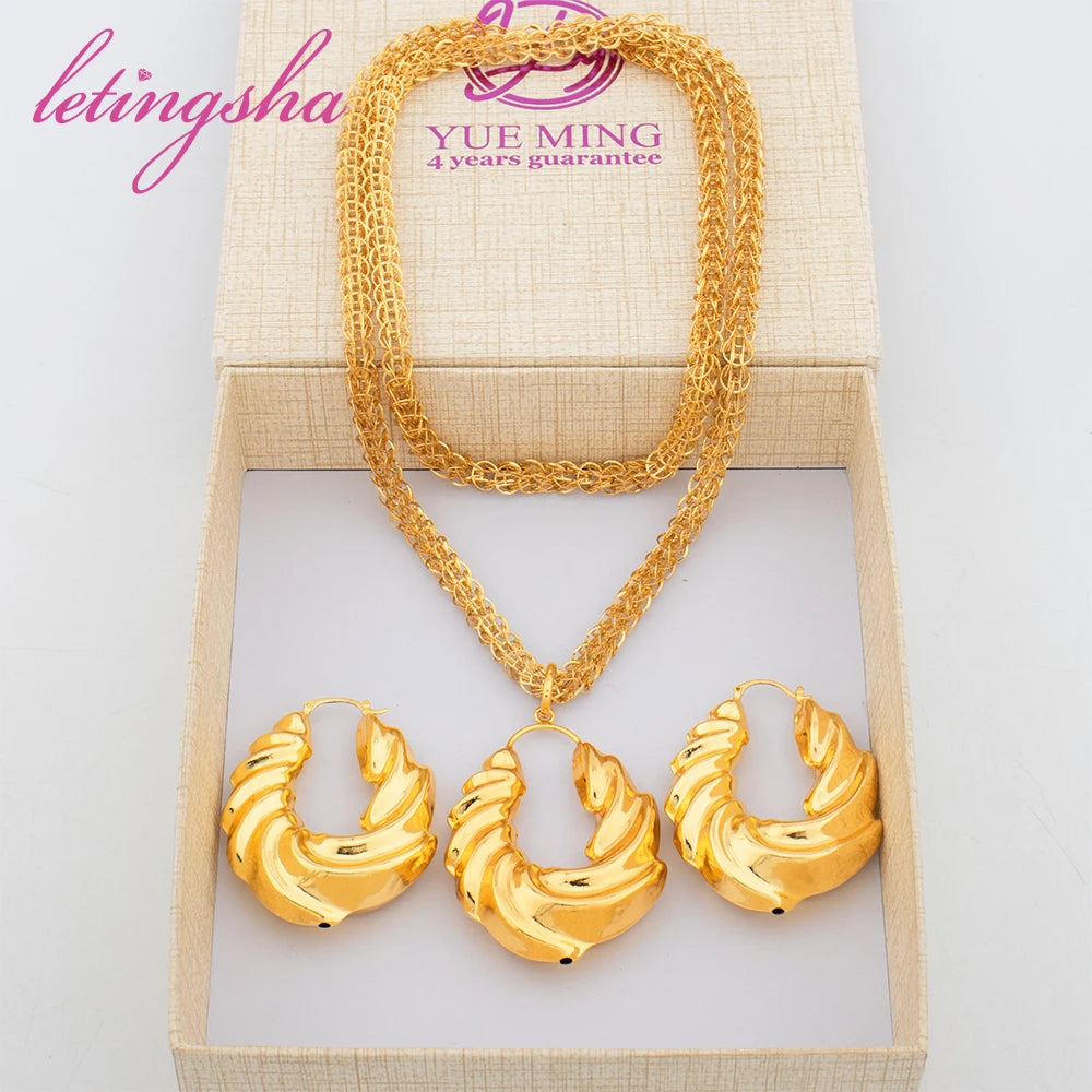 Luxury Gold Color Earrings Ins TK Hot Sale Long Necklace Chain Set Dubai African Fashion Jewelry Wedding Party Anniversary Gift