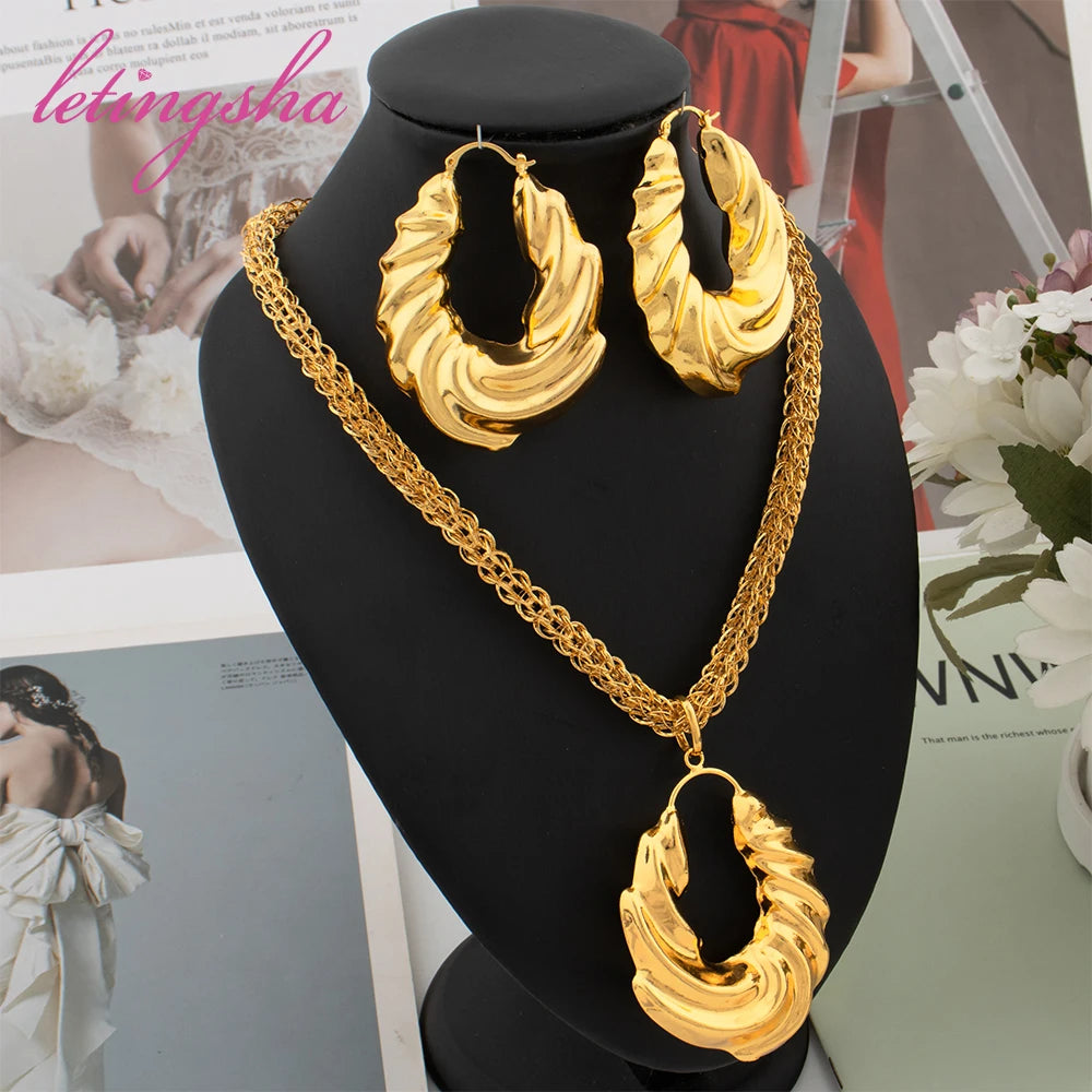Luxury Gold Color Earrings Ins TK Hot Sale Long Necklace Chain Set Dubai African Fashion Jewelry Wedding Party Anniversary Gift