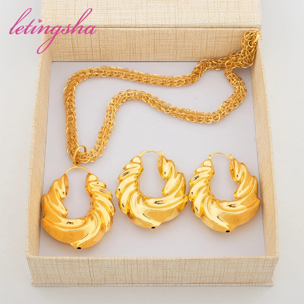Luxury Gold Color Earrings Ins TK Hot Sale Long Necklace Chain Set Dubai African Fashion Jewelry Wedding Party Anniversary Gift
