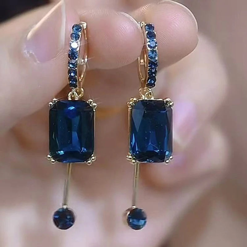 New Fashion Square Blue Crystal Pendant Earrings for Women Elegant Light Luxurious Temperament Girls Party Trend Jewelry Gifts