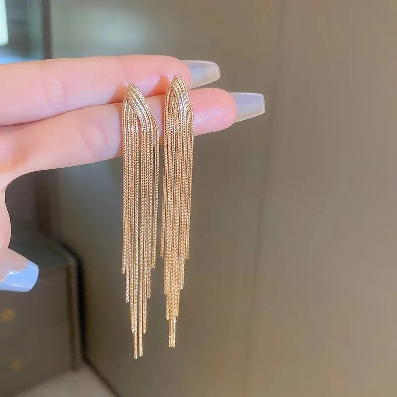 Gold Color Exquisite V-shaped Dangle Earrings Women Fashion Light Luxury Long Chain Fringe Earrings Daily Party Accessories K-