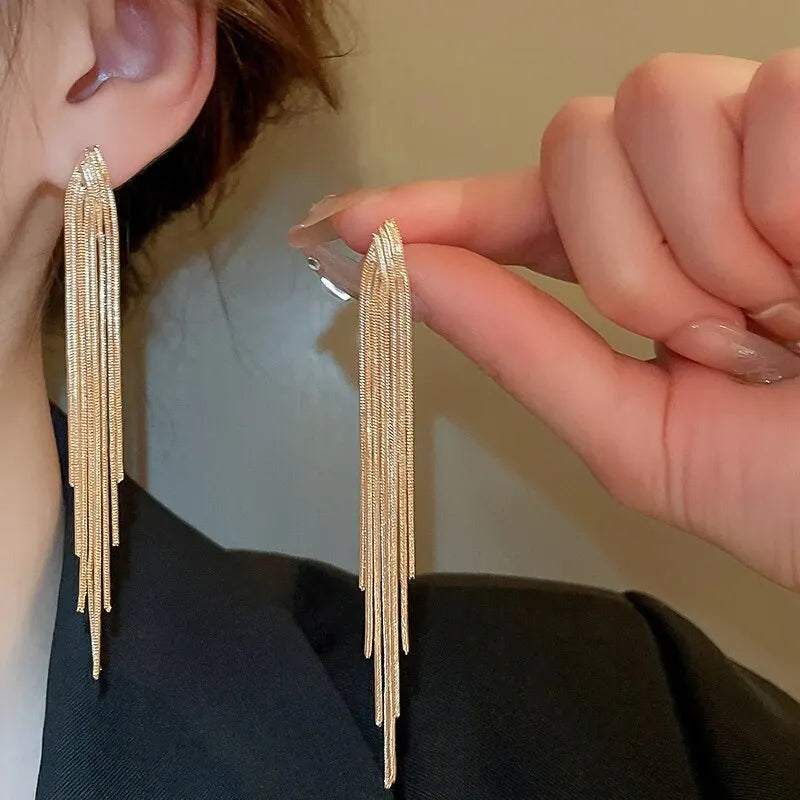 Gold Color Exquisite V-shaped Dangle Earrings Women Fashion Light Luxury Long Chain Fringe Earrings Daily Party Accessories K-