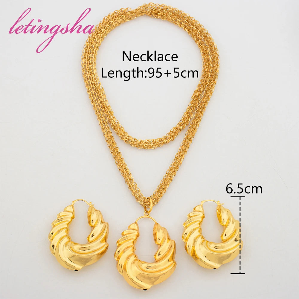 Luxury Gold Color Earrings Ins TK Hot Sale Long Necklace Chain Set Dubai African Fashion Jewelry Wedding Party Anniversary Gift