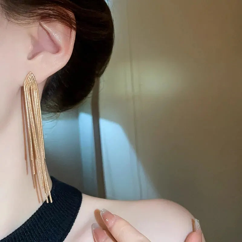 Gold Color Exquisite V-shaped Dangle Earrings Women Fashion Light Luxury Long Chain Fringe Earrings Daily Party Accessories K-